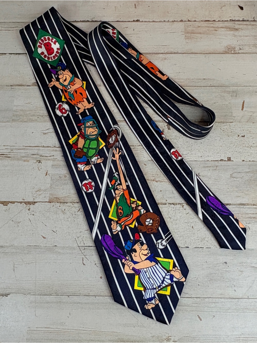 Vintage Hanna-Barbera Flintstones Bedrock Boulders Baseball Neck Tie (1993)